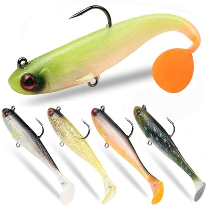 5 Pcs Pre-Rigged Soft Fishing Lures, 3.5In Paddle Tail Jig Heads Swim Bait, Realistic Movement Easy Catch Fishing jigs Lure, Fishing Baits for Freshwater Saltwater Bass Trout Baits