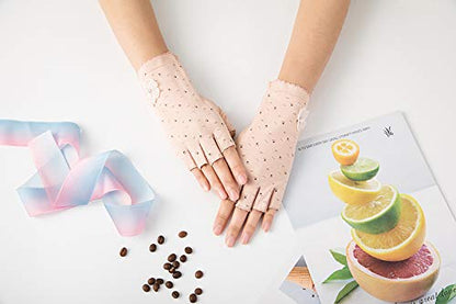 Gongxue 4 Pairs Women Sunscreen Fingerless Gloves UV Protection Driving Riding Fishing Cotton Mittens - color: Light Pink