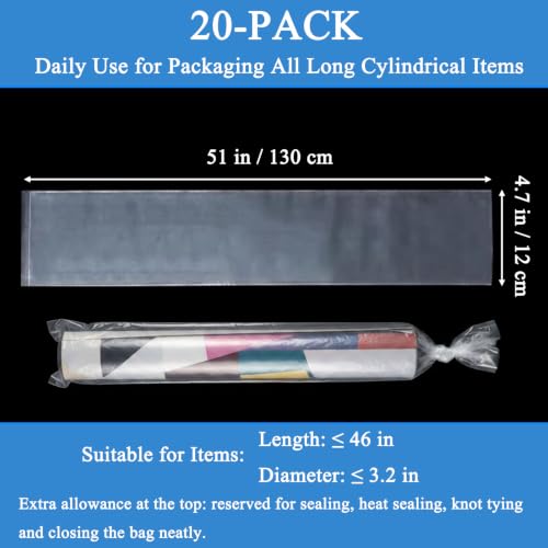 20PCS 4.7" x 51" Extra Long Clear Plastic Sleeves for Posters and Banners | Heavy Duty, 2 Mil Thick, Flat Open, Long Tube Poly Storage Bags for Packaging Blueprint, Fishing Rods & Large Narrow Items - color: 4.7" x 51"-20PCS