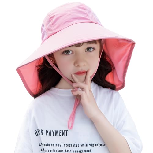 Rosoz Kids Sun Hat with Neck Flap UV Protection Summer Toddler Beach Hat Unisex Ponytail Hat Wide Brim Fishing Hat - color: 2pack-purple+pink