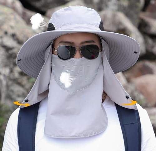 Sun Hat Unisex Face Coverage Shield Neck Flap Cap Garden Lawn Work Sports Hiking Fishing Hats - color: Light Grey