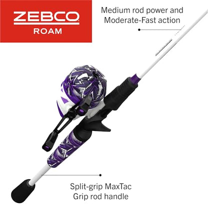 Zebco Roam Spincast Reel and Fishing Rod Combo, 6-Foot 2-Piece Fiberglass Fishing Pole with ComfortGrip Handle, Quickset Anti-Reverse Fishing Reel, Pre-Spooled with 10-Pound Zebco Line - color: Prism Purple