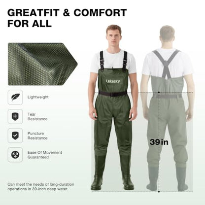 Lekesky Fly Fishing Chest Waders with Boots for Men Women, US Sizes 5–14,2-Ply Nylon/Pvc Waterproof Waders - color: Green, size: M7/W9