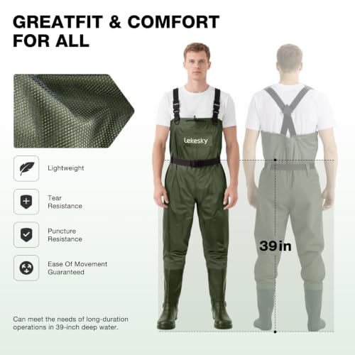 Lekesky Fly Fishing Chest Waders with Boots for Men Women, US Sizes 5–14,2-Ply Nylon/Pvc Waterproof Waders - color: Green, size: M10