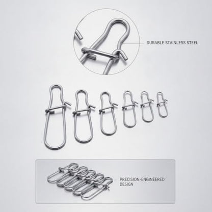 100-Pack Fishing Snap Connectors, Stainless Steel Lure Snaps for Quick Tackle Swapping, Assorted Sizes Saltwater and Freshwater Terminal Tackle Accessories - size: 2.56 x 2.17 x 0.59"