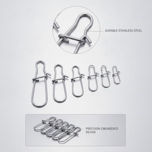 Gourd-Shape Stainless Steel Lure Snaps, Silver Finish Quick-Change Connectors for Saltwater and Freshwater Fishing Tackle (100-Pack Assorted Sizes) - size: 2.56 x 2.17 x 0.59"