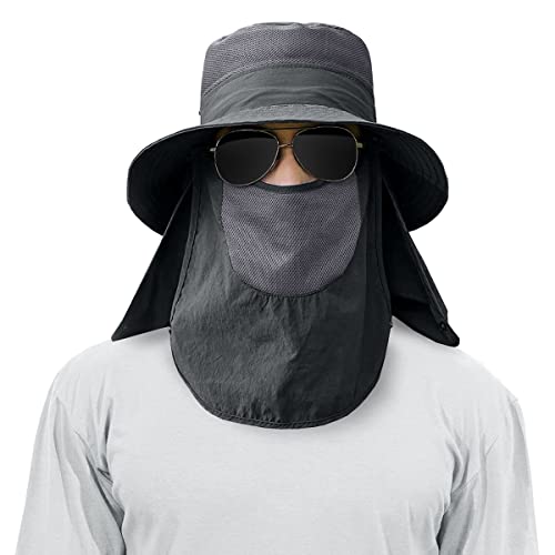 3 Pack Mens Outdoor Wide Brim Fishing Hat,UPF 50+ Sun Protection Cap with Face Neck Flap for Hiking & Garden - color: 3 Pack-dark Grey＆light Grey＆khaki