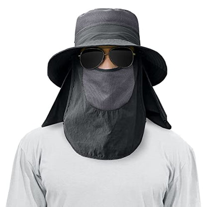 3 Pack Mens Outdoor Wide Brim Fishing Hat,UPF 50+ Sun Protection Cap with Face Neck Flap for Hiking & Garden - color: 3 Pack-dark Grey＆light Grey＆khaki