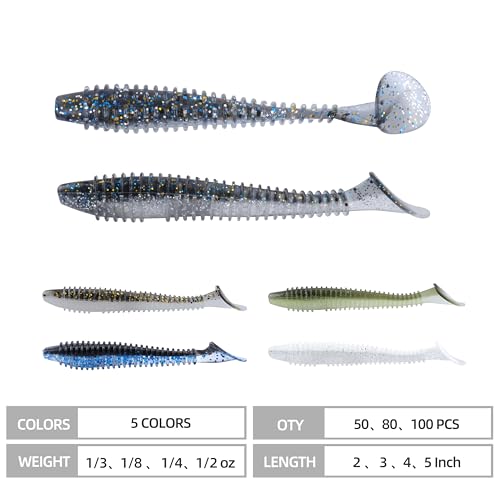 Paddle Tail Swimbaits 100/80/50PCS, 5/4/3/2 inch Soft Fishing Lures Bulk Pack – Durable Lifelike Action Lures for Bass, Trout, Crappie – Freshwater & Saltwater Fishing Gifts - color: Silver Blue, size: 3in, 100pcs
