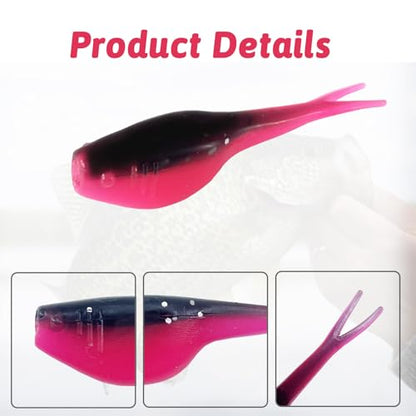 Split-Tail Crappie Lures - 24pcs Soft Plastic Lures for Bluegill, Panfish, Trout, Bass - color: Black-pink