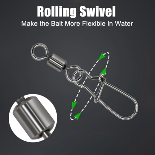 50-Pack Speed Clips for Fishing Lures, Stainless Steel Fishing snap swivels, Rolling Ball Bearing Barrel Swivel (24LB-145LB)
