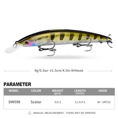 PROBEROS Minnow Bass Fishing Lures - Jerkbait Sinking Lure Set Hard Baits Crankbait for Trout Catfish Musky Bluegill Fishing Topwater Lures Plug 6Pcs/kit - color: 598-4.5inch/0.3oz-5pcs