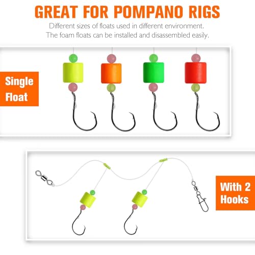 Dovesun 220/104/80/60/54/52/42pcs Pompano Rig Floats for Surf Fishing Foam Bobbers for Fishing Fly Fishing Bobbers Floats Bright Color Kit/Round/Cylindrical/Heart/Bullet/Pill/Spin Shape - color: Pill-52pcs