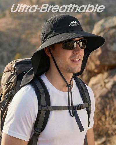 FURTALK Sun Hats for Men Women Fishing Hat with Neck Flap Chin Strap UPF 80+ Wide Brim Hiking Safari Summer Hats - color: Black