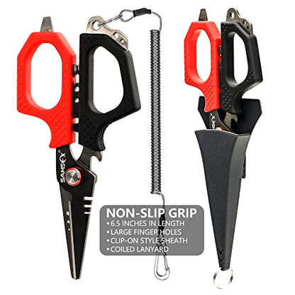 SAMSFX 6.5" Pro Fishing Shears Dual Serrated Blades, Fishing Braided Line Scissors with Titanium Coating, Non-Slip Grip & Multifunction Tool, Includes Hard Molded Locking Sheath & Coiled Lanyard - color: A: Black & Red Kraton Handle, Hard Sheath
