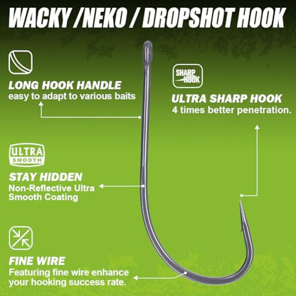 Drop Shot Hooks Wacky Rig Neko Bass Fishing Finesse Worm Size 2/0~#4 25Pack Bulk - size: Size 2 Pack of 25