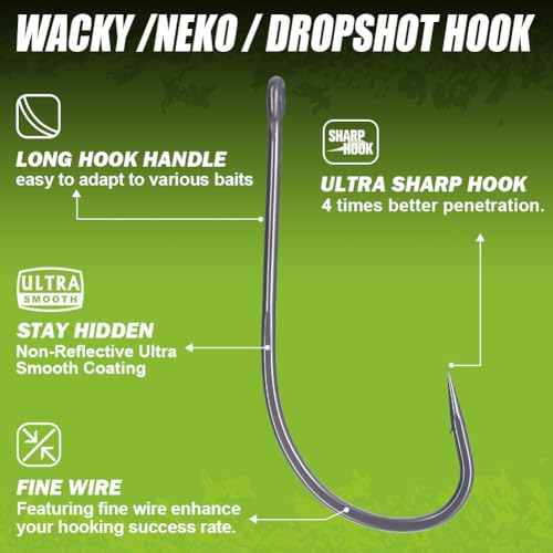 Drop Shot Hooks Wacky Rig Neko Bass Fishing Finesse Worm Size 2/0~#4 25Pack Bulk - size: 2/0 Pack of 25