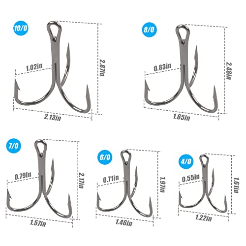 Classic Treble Fishing Hooks,10/20pcs Large Treble Hooks Barbed Strong Sharp Silver Big Game Triple Fish Hook for Saltwater Freshwater Fishing Size 4/0 6/0 7/0 8/0 10/0 - size: 10/0-10pcs