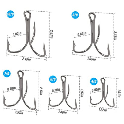 Classic Treble Fishing Hooks,10/20pcs Large Treble Hooks Barbed Strong Sharp Silver Big Game Triple Fish Hook for Saltwater Freshwater Fishing Size 4/0 6/0 7/0 8/0 10/0 - size: 10/0-10pcs