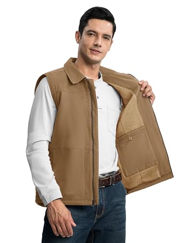 TBMPOY Men's Winter Vest Casual Sherpa Fleece lined Full Zip Lightweight Vest Outerwear Warm Cotton Travel Jackets - color: Khaki, size: Medium