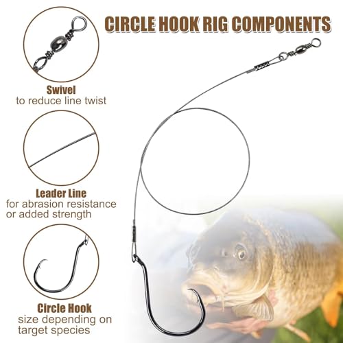 Circle Hooks Rigs, 15pcs Fishing Leader Rigs with Steel Leader Wire and Circle Hooks 1/0 2/0 3/0 4/0 5/0 6/0 7/0 8/0 9/0 10/0 for Bass, Catfish Fishing - size: 10/0