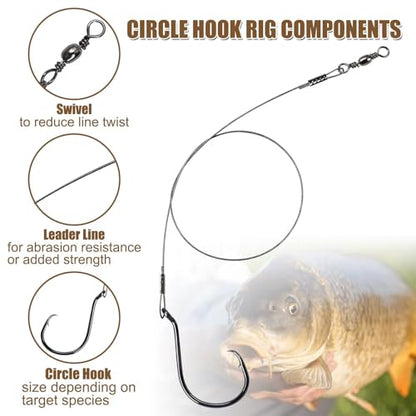 Circle Hooks Rigs, 15pcs Fishing Leader Rigs with Steel Leader Wire and Circle Hooks 1/0 2/0 3/0 4/0 5/0 6/0 7/0 8/0 9/0 10/0 for Bass, Catfish Fishing - size: 6/0
