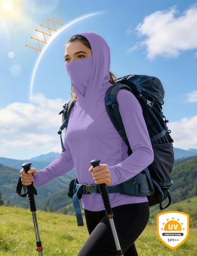 isnowood Women's Sun Protection Hoodie, UPF 50+ Hiking Fishing Shirt, Long Sleeve UV Rash Guard with Face Mask Lightweight Purple