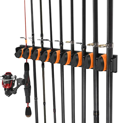 PLUSINNO V9 Vertical Fishing Rod Holders, Wall Mounted Fishing Pole Holders, Fishing Rod Rack Holds Up to 9 Rods or Combos, Fishing Rod Holders for Garage,Fishing Gear and fishing Gifts for Men - style: Orange 1-pack (store 9 combos)