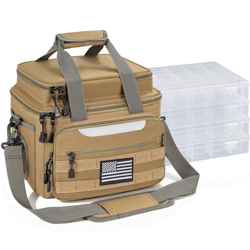 Fishing Bag with 4 * 3600 Tackle Boxes - Saltwater & Freshwater Compatible, Water Resistant & Durable Fishing Bags with Padded Shoulder Strap - Pliers and Gear Storage (Khaki) - color: Khaki, style: With 4 Tackle Boxes