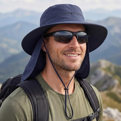 Connectyle Wide Brim Sun Hat for Men Women UPF 50+ Breathable Fishing Hat with Neck Flap Outdoor Hiking Safari Bucket Hats - color: Navy Blue