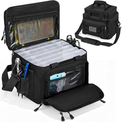 Fishing Tackle Bag - Holds 3400-3600 Size Tackle Boxes -Saltwater & Freshwater Fishing Bags - Padded Shoulder Strap Fishing Bags (Black) (Bag Only) - color: Black, style: Bag Only