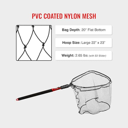 EGO S2 Slider Fishing Net Handle | Adjustable Extension Handle, Minimal Water Drag Design, Ergonomic Foam Grip for Landing Nets - size: 29" to 60" Handle, 22” x 23” Hoop, style: Pvc Coated Mesh