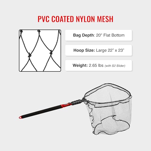 EGO S2 Slider Fishing Net Handle | Adjustable Extension Handle, Minimal Water Drag Design, Ergonomic Foam Grip for Landing Nets - size: 29" to 60" Handle, 22” x 23” Hoop, style: Pvc Coated Mesh