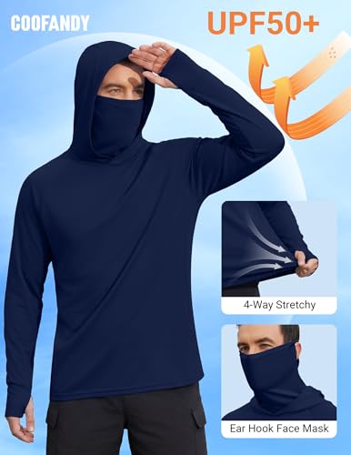 COOFANDY Mens UPF 50+ Sun Protection Hoodie with Mask Lightweight Long Sleeve SPF Fishing Shirts UV Hiking Running Rash Guard - color: Navy Blue, size: Small