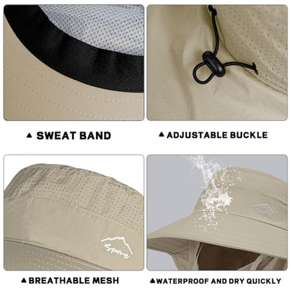 Rosoz Sun Hat for Men Women with Neck Flap,Wide Brim UPF50+ Fishing Hat with Detachable Face Cover Outdoor Sun Protection Hat - color: 1pack-khaki/Arm Sleeves