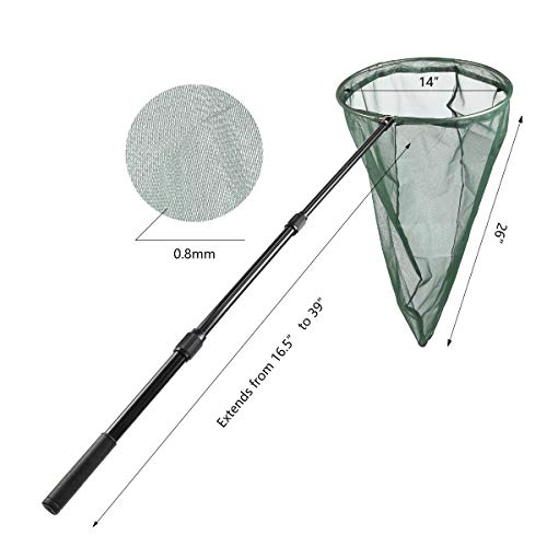 Professional Insect and Butterfly Net with 14" Stainless Ring, 26" Net Depth, Strong Aluminum Telescopic Handle Extends to 39", Muslin Banding at the Top