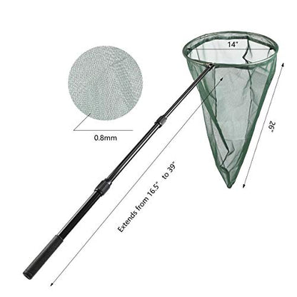 Professional Insect and Butterfly Net with 14" Stainless Ring, 26" Net Depth, Strong Aluminum Telescopic Handle Extends to 39", Muslin Banding at the Top