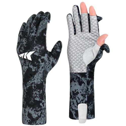 KastKing La Sal Pro Full Finger Fishing Gloves, UPF 50+ Sun Protection Gloves with Convertible Design, Ultralight Microfiber, Ultra-Soft Comfort, FrostWeave Cooling, Enhanced Grip, Four Sizes Options - color: Boulder Camo Obsidian, size: Small-Medium