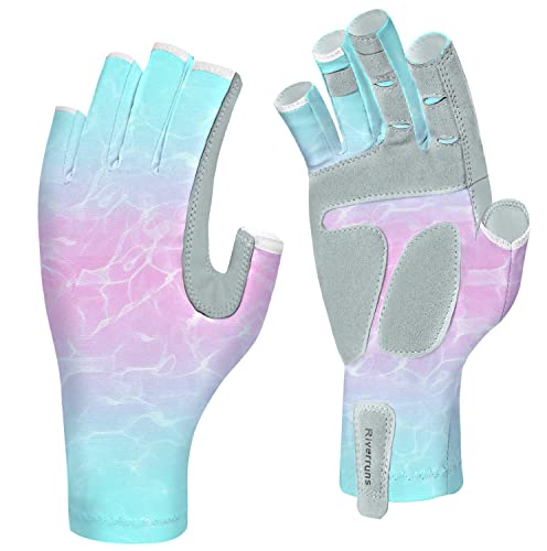 EDSRDUX UPF 50+ Fishing Gloves for Men Women, Long Cuff Fingerless Sun Gloves, Breathable Kayaking Sailing Sunscreen Gloves - color: P&G WaterWripple, size: Medium