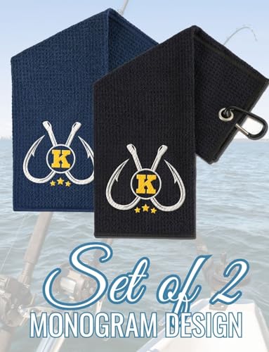 Embroidered Fishing Towels with Clip, Personalized Microfiber Towel Accessories for Fishing Lovers, 16x16 Inches, Pack of 2, Initial K - color: K