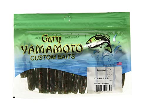 Yamamoto 5" Single Tail Grub Soft Plastic Fishing Angling Swimbait Lures with Tail-Curling Action - 20 Pack - color: WATERMELON W/ BLACK & RED FLAKE (20 PACK), size: 5" SUPER GRUB (Pack of 6)