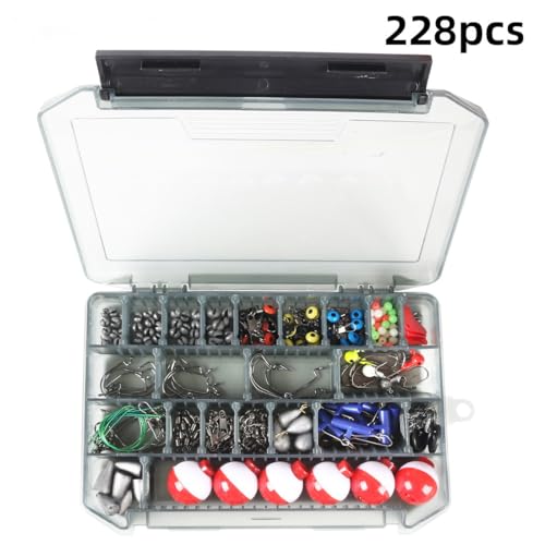 228-Piece Compartment Box Fishing Tackle Kit Contains Hooks, Sinkers, Beads, Swivels, Snaps & Assorted Terminal Rig Accessories, Nice Fishing Gift for Men