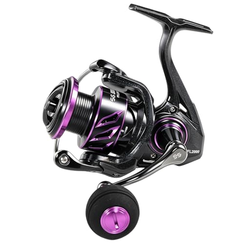 SOUGA Spinning Reel, Black Purple Metal Body Fishing Reel for Bass Pike Freshwater Light Saltwater, 9+1 BB, 5.2:1 Gear Ratio, CNC Aluminum Spool, Foldable Left Right Handle, EVA Knob,Size 1000-4000 - size: 2000
