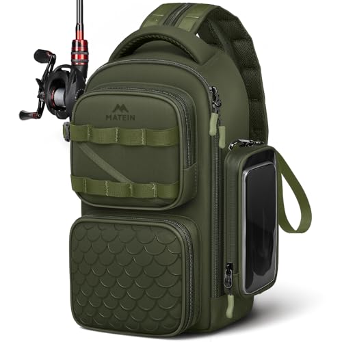 MATEIN Fishing Sling Bag with Phone Pouch, 3600 Tackle Box Backpack | Tackle Bag with Removable Bait Binder, Fishing Bag with Lure Rod Holder, Cooler Compartment, Waterproof, Women Fishing Gifts - color: Olive Green