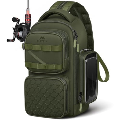 MATEIN Fishing Sling Bag with Phone Pouch, 3600 Tackle Box Backpack | Tackle Bag with Removable Bait Binder, Fishing Bag with Lure Rod Holder, Cooler Compartment, Waterproof, Women Fishing Gifts - color: Olive Green