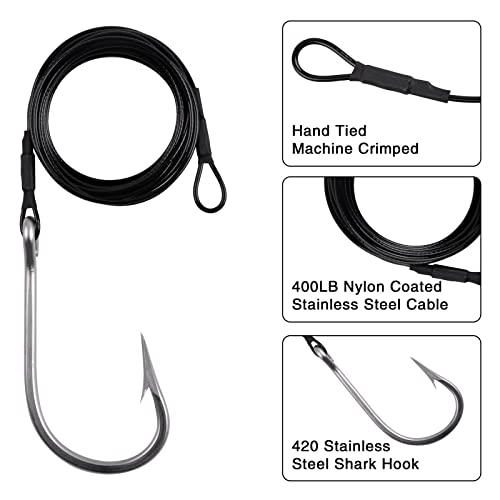 Fishing Shark Rigs Surf Fishing Stainless Steel Cable Leader Wire with Tuna Shark Hooks Saltwater Fishing Deep Sea Hooks Big Fish Shark Leader Rig - size: 6/0-2PCS