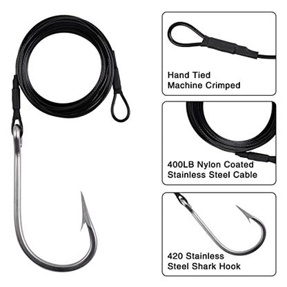 Fishing Shark Rigs Surf Fishing Stainless Steel Cable Leader Wire with Tuna Shark Hooks Saltwater Fishing Deep Sea Hooks Big Fish Shark Leader Rig - size: 12/0-2PCS