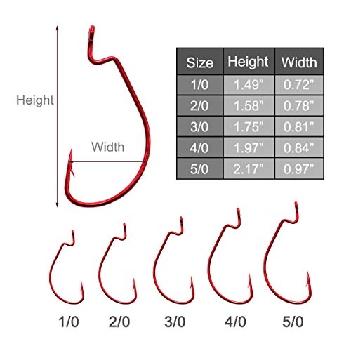 50pcs Fishing Worm Hooks High Carbon Steel Wide Gap Offset Saltwater Freshwater Extra Strong Circle Jig Worm Fishing Hooks for Bass Trout with Box Packed #1/0-5/0 - color: red