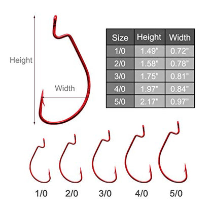 50pcs Fishing Worm Hooks High Carbon Steel Wide Gap Offset Saltwater Freshwater Extra Strong Circle Jig Worm Fishing Hooks for Bass Trout with Box Packed #1/0-5/0 - color: red