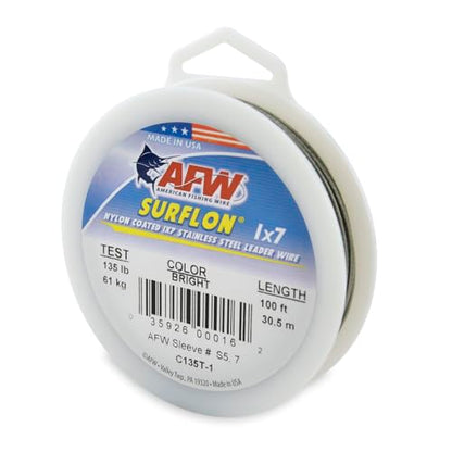 American Fishing Wire Surflon Nylon Coated 1x7 Stainless Steel Wire Leader - Wire Fishing Leader Line for Saltwater 10lb Up To 250lb Test in Bright, Black, Camo in 30ft, 100ft, 300ft, & 1000ft Lengths - color: Bright, style: 100 Feet, 135 Pound Test